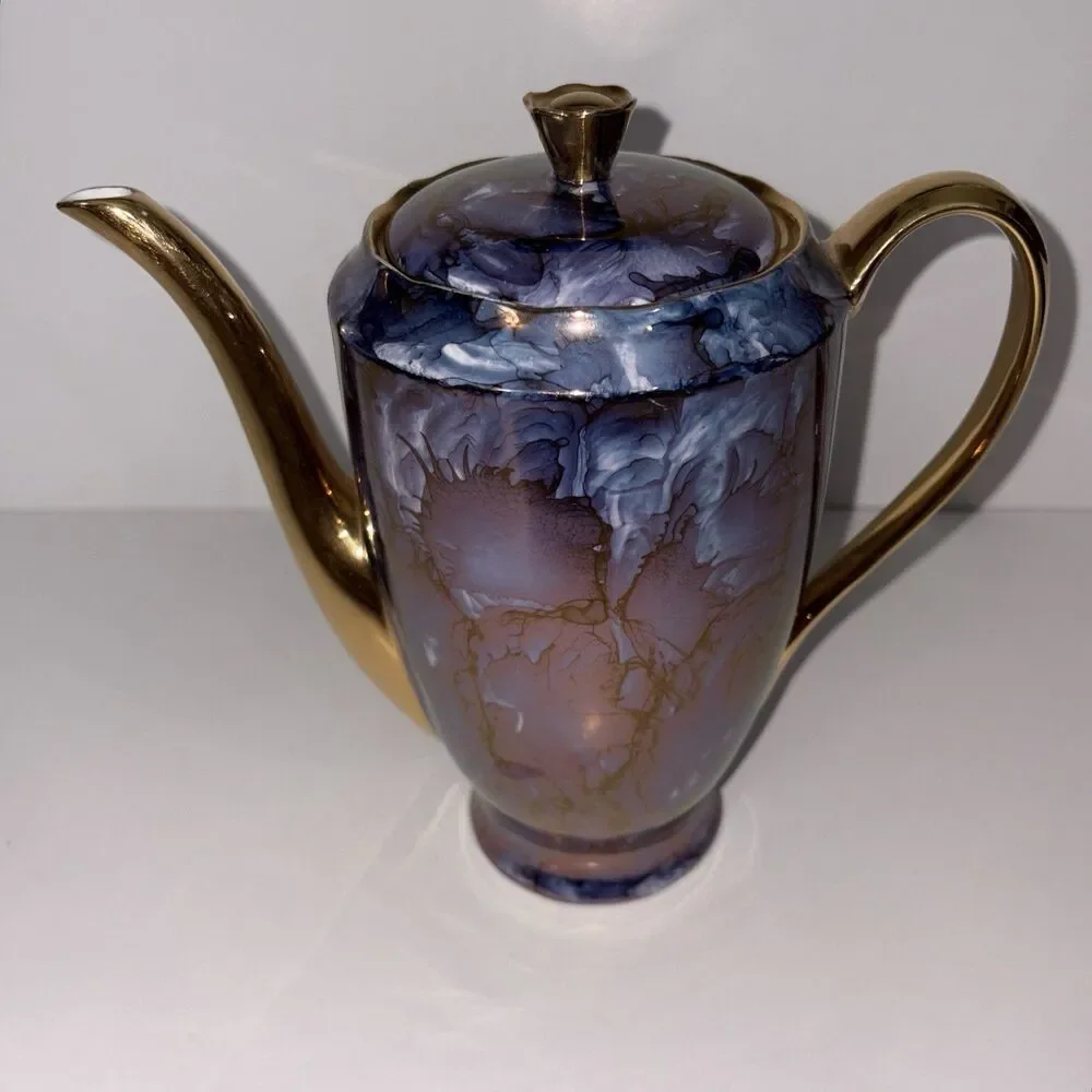 Vintage Cmielow Poland Tea Set Teapot Creamer Sugar Bowl 2 Saucers Purple Gold
